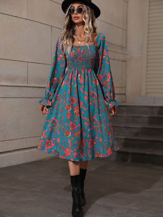 Printed Square Neck Flounce Sleeve Dress - Flyclothing LLC