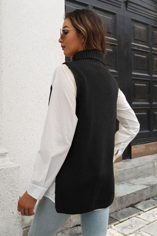 Ribbed Mock Neck Sleeveless Sweater Vest - Flyclothing LLC