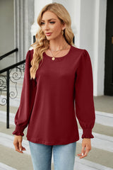 Round Neck Smocked Flounce Sleeve Blouse - Flyclothing LLC