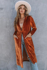 Collared Neck Longline Velvet Cardigan with Pockets - Flyclothing LLC