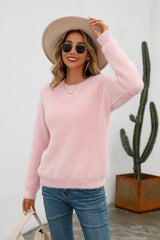 Dropped Shoulder Round Neck Fuzzy Sweater - Flyclothing LLC