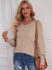 Round Neck Lantern Sleeve Blouse - Flyclothing LLC