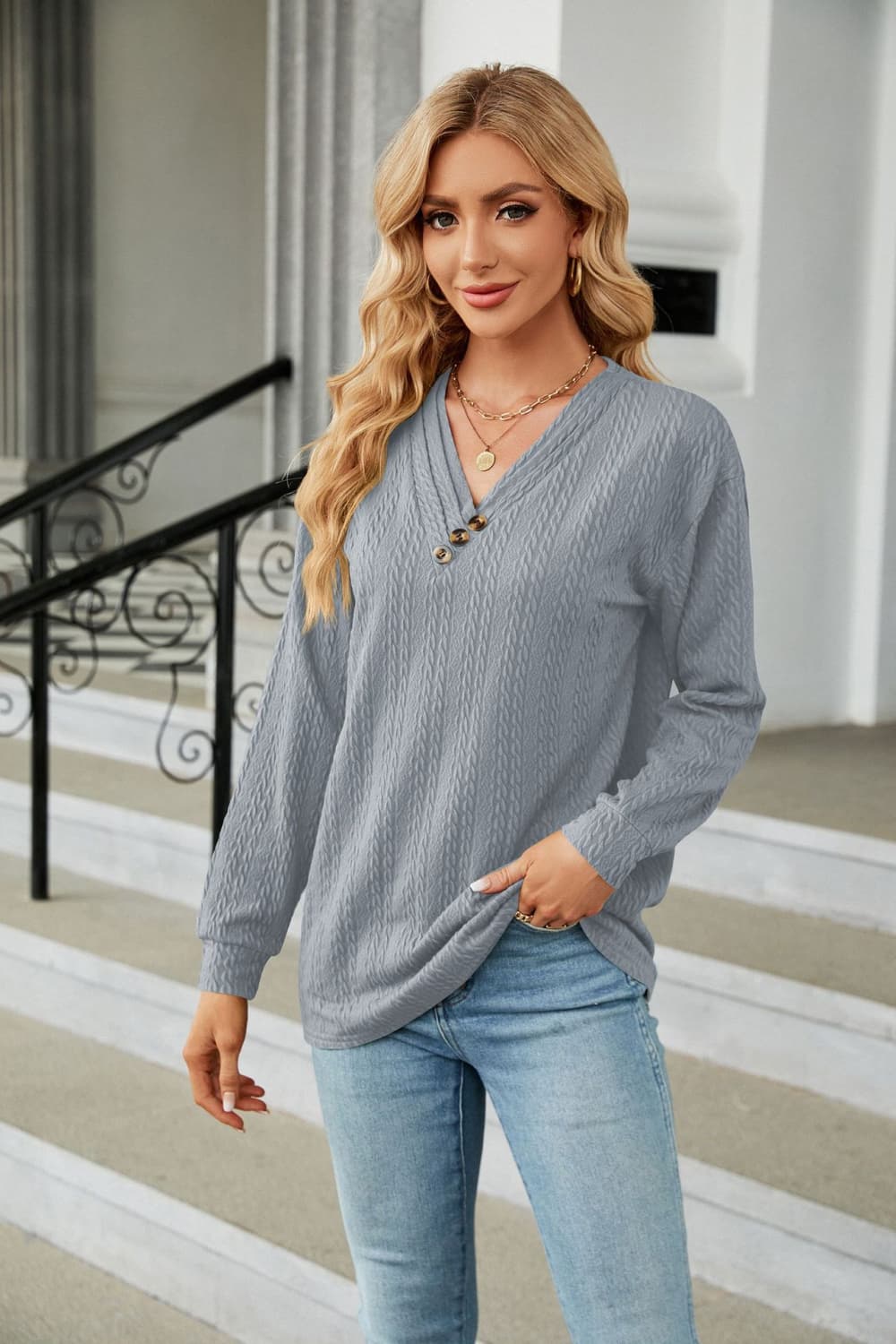 Decorative Button V-Neck Long Sleeve T-Shirt - Flyclothing LLC