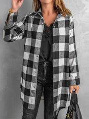 Plaid Snap Down Long Sleeve Jacket - Flyclothing LLC