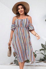 Plus Size Striped Cold-Shoulder Dress - Flyclothing LLC