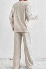 Ribbed Half Button Knit Top and Pants Set - Flyclothing LLC