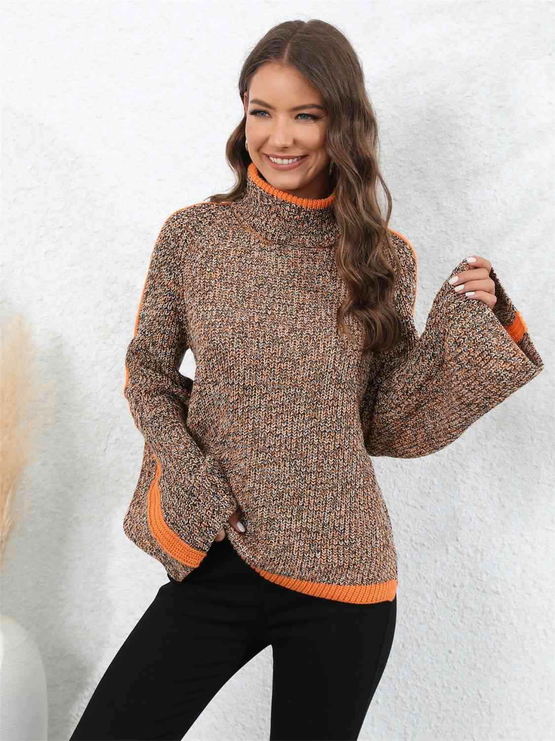 Heathered Turtleneck Long Sleeve Sweater - Trendsi