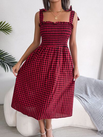 Frill Plaid Square Neck Midi Dress - Flyclothing LLC