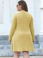 Plus Size Ribbed Buttoned V-Neck Long Sleeve Dress - Flyclothing LLC