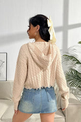 Cable-Knit Dropped Shoulder Hooded Sweater - Trendsi