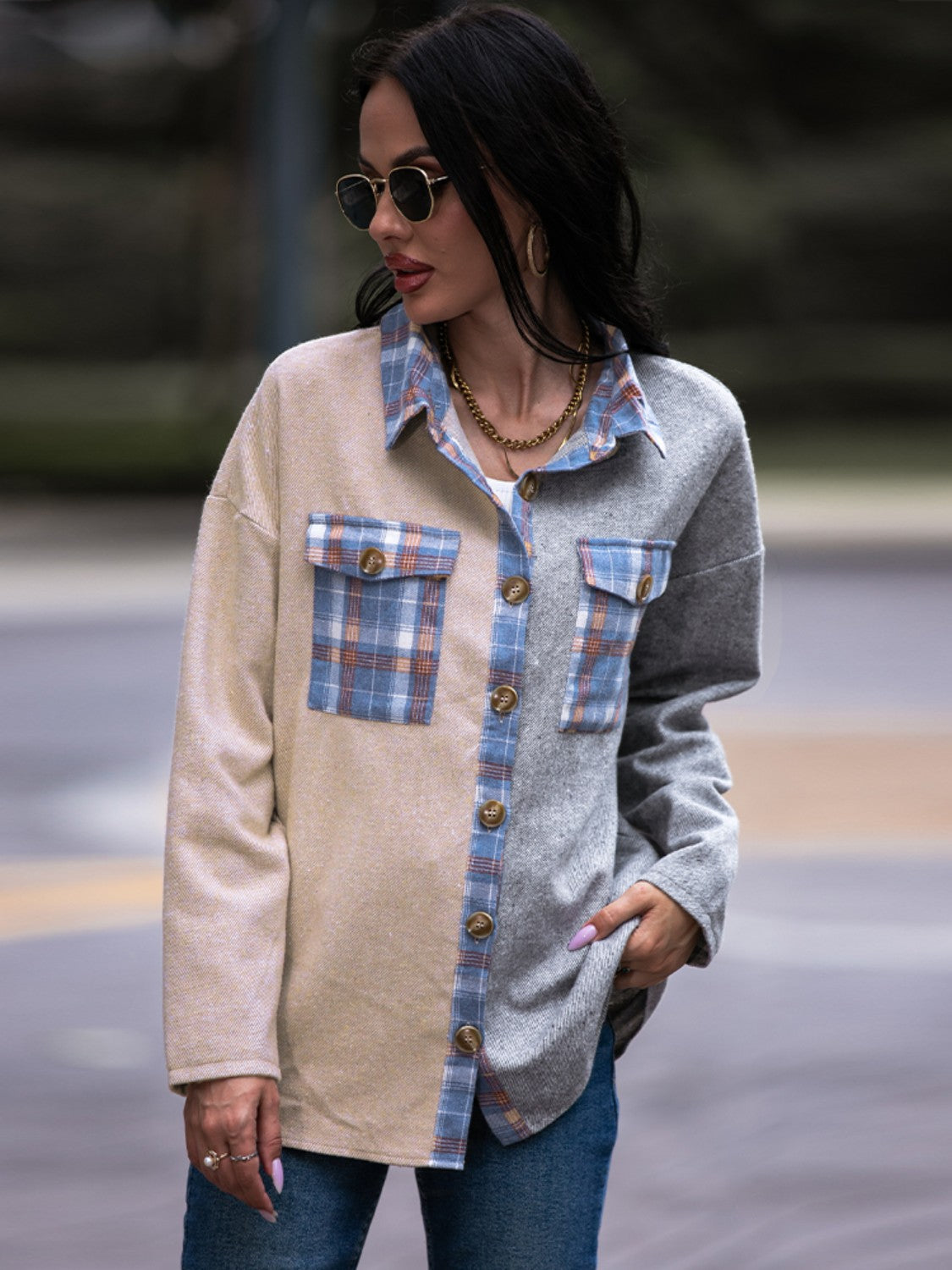 Plaid Contrast Drop Shoulder Shacket