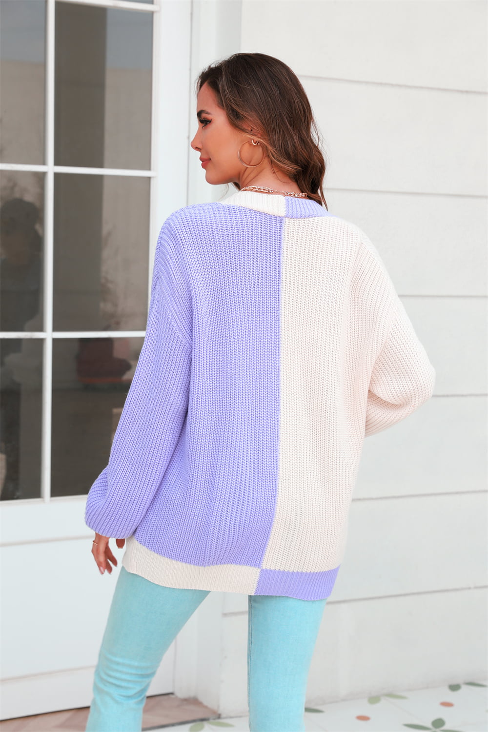 Open Front Contrast Color Balloon Sleeve Cardigan - Flyclothing LLC