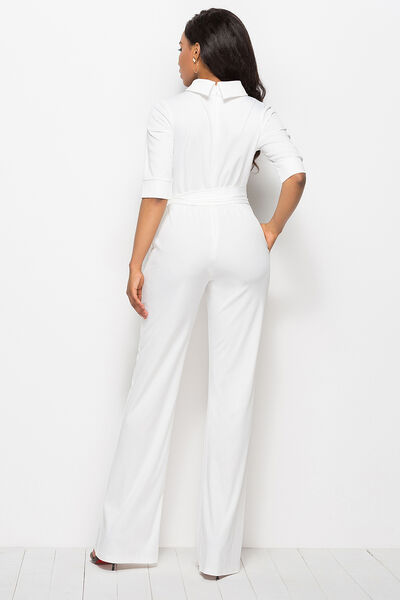 Mock Neck Tie-Waist Half Sleeve Jumpsuit - Flyclothing LLC