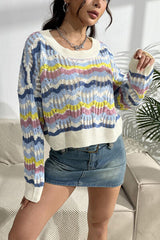 Striped Openwork Dropped Shoulder Sweater - Flyclothing LLC