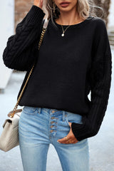 Cable-Knit Round Neck Drop Shoulder Sweater - Flyclothing LLC