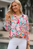 Printed Puff Sleeve Collared Blouse - Flyclothing LLC