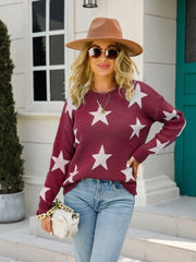 Star Round Neck Dropped Shoulder Sweater - Flyclothing LLC