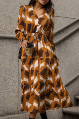 Printed Tied Pocketed Lantern Sleeve Dress - Flyclothing LLC