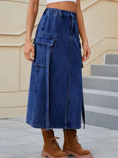 Slit Pocketed High Waist Denim Skirt - Flyclothing LLC