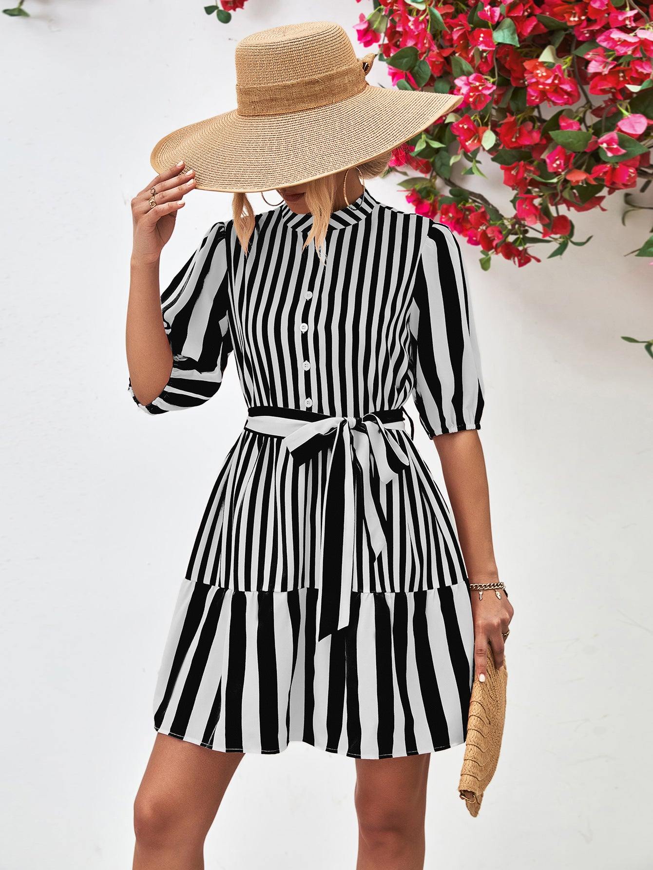 Striped Half Sleeve Tie Waist Mini Dress - Flyclothing LLC