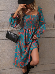 Printed Square Neck Flounce Sleeve Dress - Flyclothing LLC