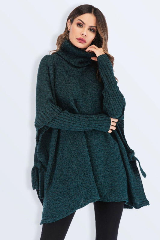 Tied Turtleneck Asymmetrical Hem Sweater - Flyclothing LLC