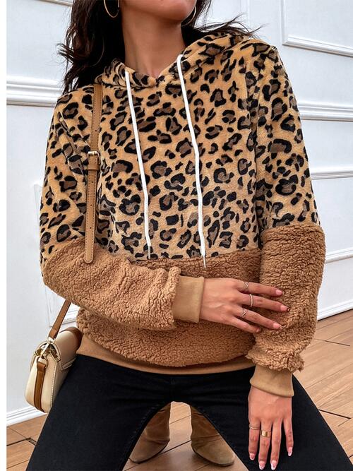 Leopard Drawstring Long Sleeve Hoodie - Flyclothing LLC