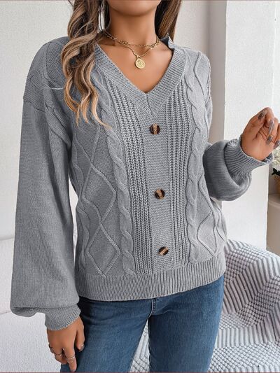 Cable-Knit Buttoned V-Neck Sweater - Flyclothing LLC