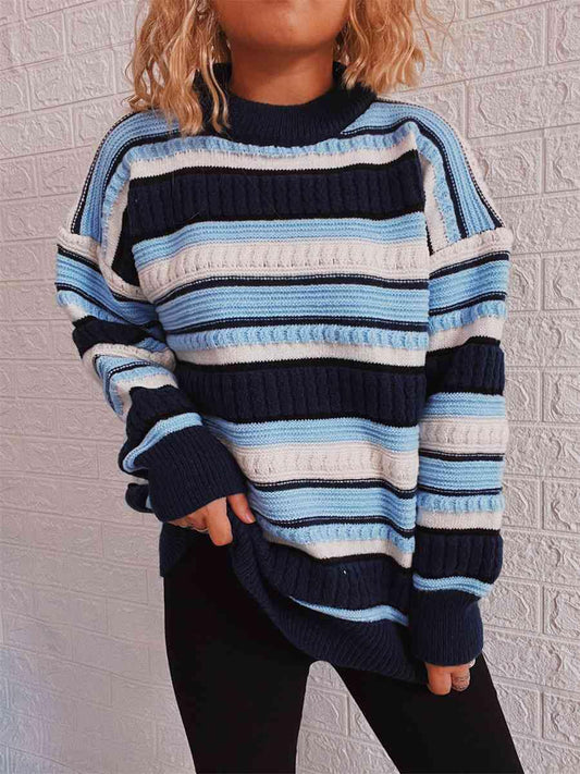 Striped Drop Shoulder Round Neck Sweater - Flyclothing LLC