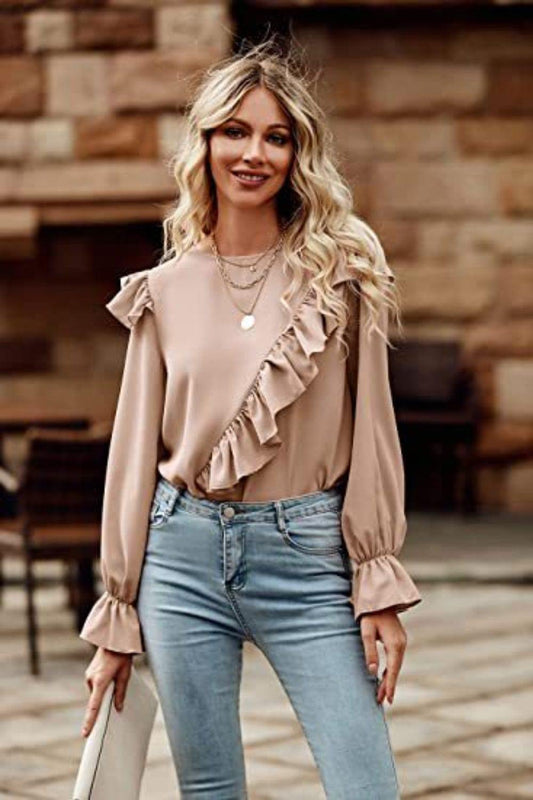 Ruffled Round Neck Long Sleeve Top - Trendsi