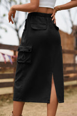 Drawstring Waist Slit Denim Skirt - Flyclothing LLC