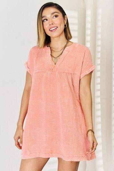 Zenana Washed Nochted Rolled Short Sleeve Dress - Flyclothing LLC