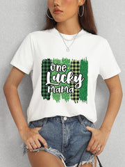 ONE LUCKY MAMA Round Neck T-Shirt - Trendsi