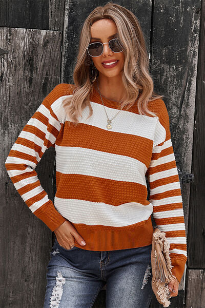 Striped Round Neck Dropped Shoulder Sweater - Flyclothing LLC