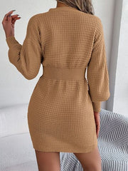 Buttoned Cable-Knit V-Neck Sweater Dress - Flyclothing LLC