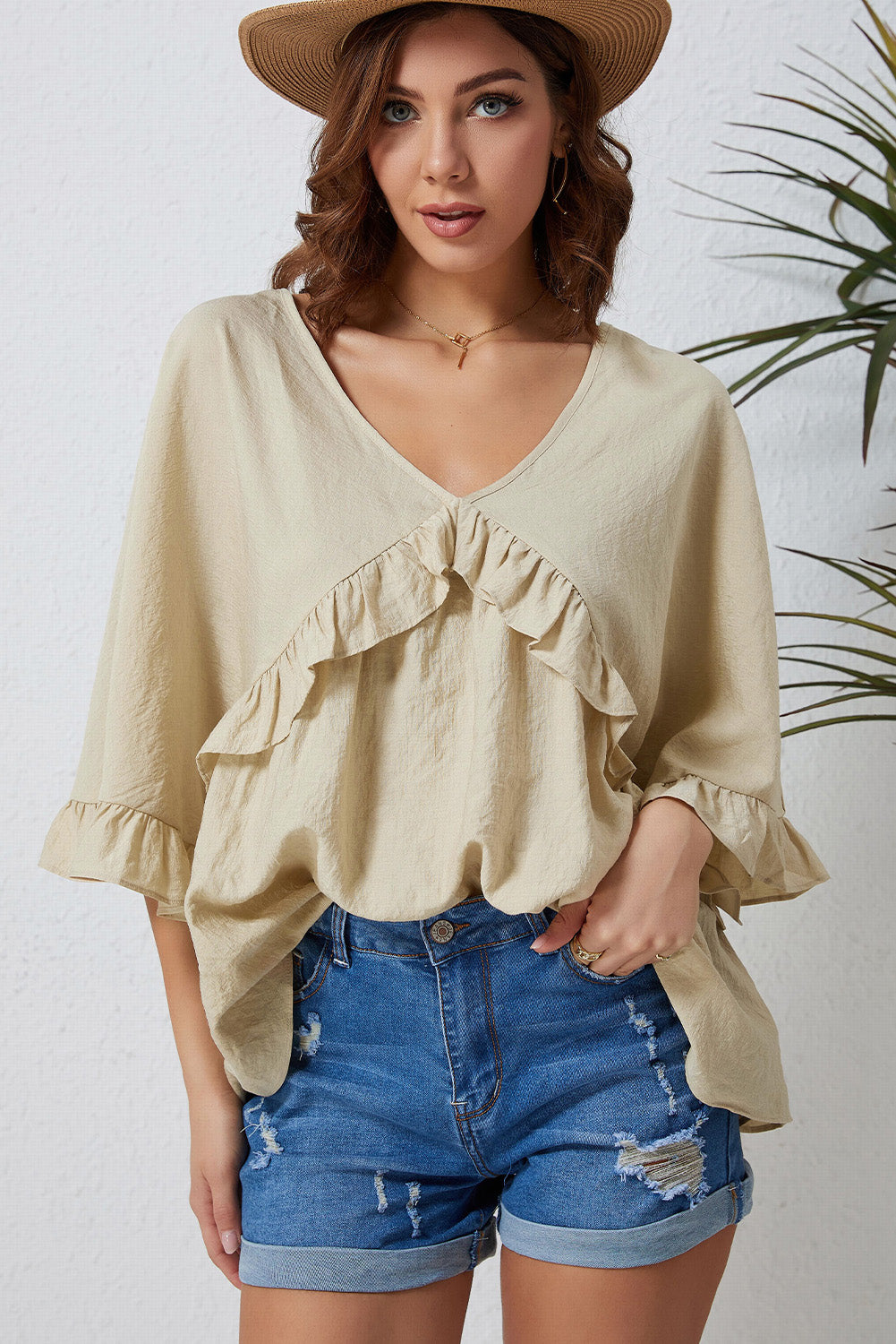 Ruffled V-Neck Half Sleeve Blouse - Flyclothing LLC