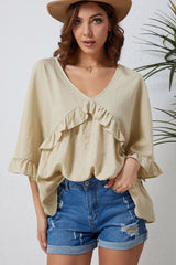 Ruffled V-Neck Half Sleeve Blouse - Flyclothing LLC