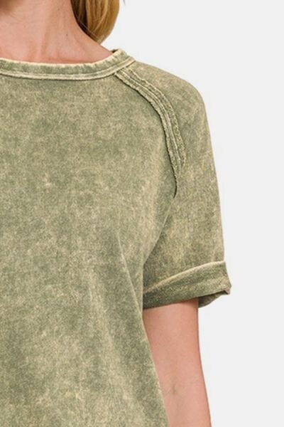 Zenana Heathered Round Neck Short Sleeve Blouse - Flyclothing LLC