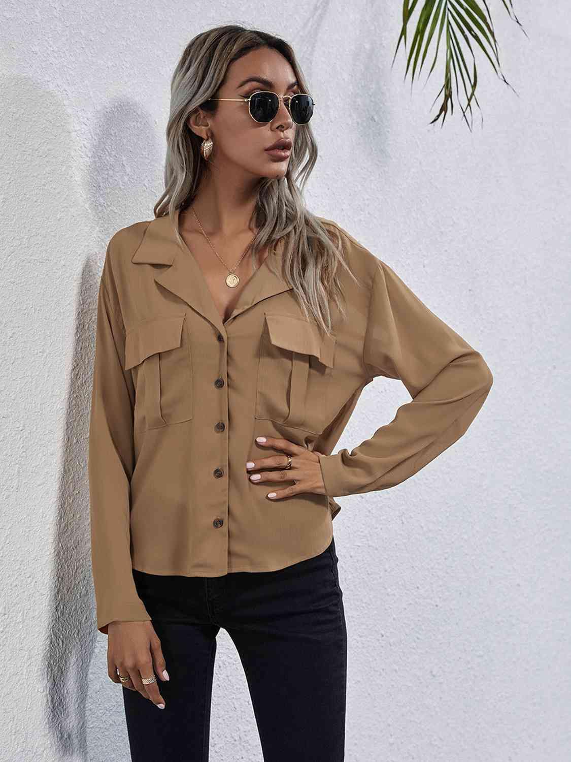 Collared Neck Button Down Shirt - Trendsi