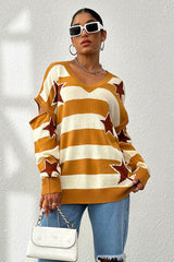 Star Pattern V-Neck Cutout Sweater - Flyclothing LLC