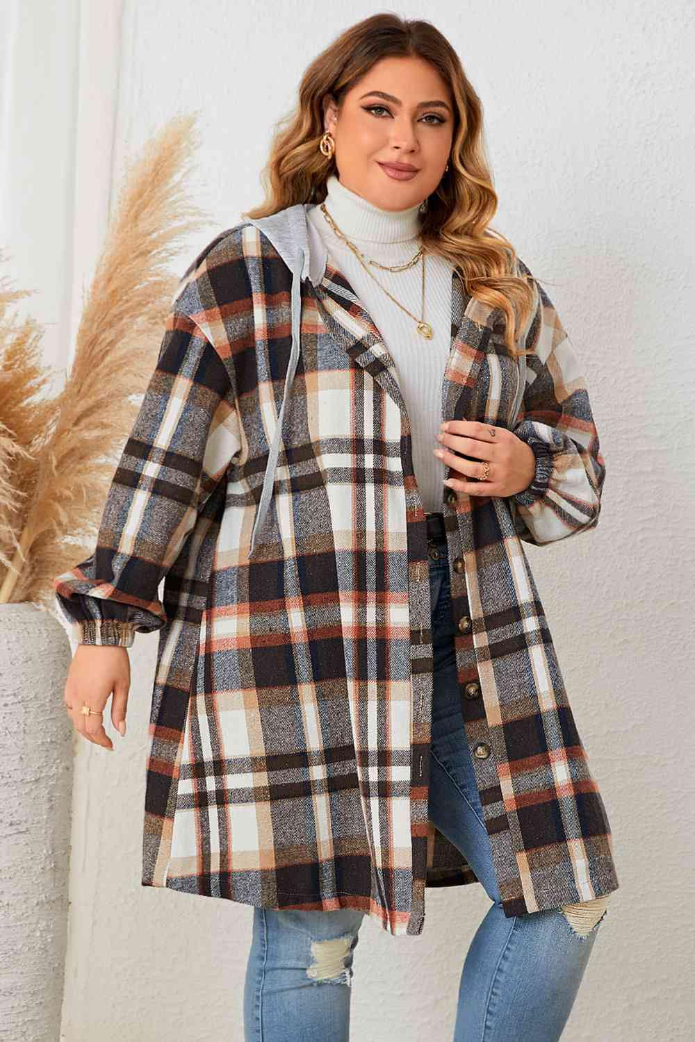 Plus Size Plaid Drop Shoulder Hooded Coat - Flyclothing LLC