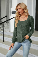 Ribbed Square Neck Long Sleeve T-Shirt - Flyclothing LLC