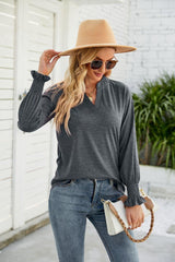 Heathered Flounce Sleeve Curved Hem Top - Trendsi