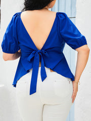 Plus Size Tied Sweetheart Neck Balloon Sleeve Blouse - Flyclothing LLC