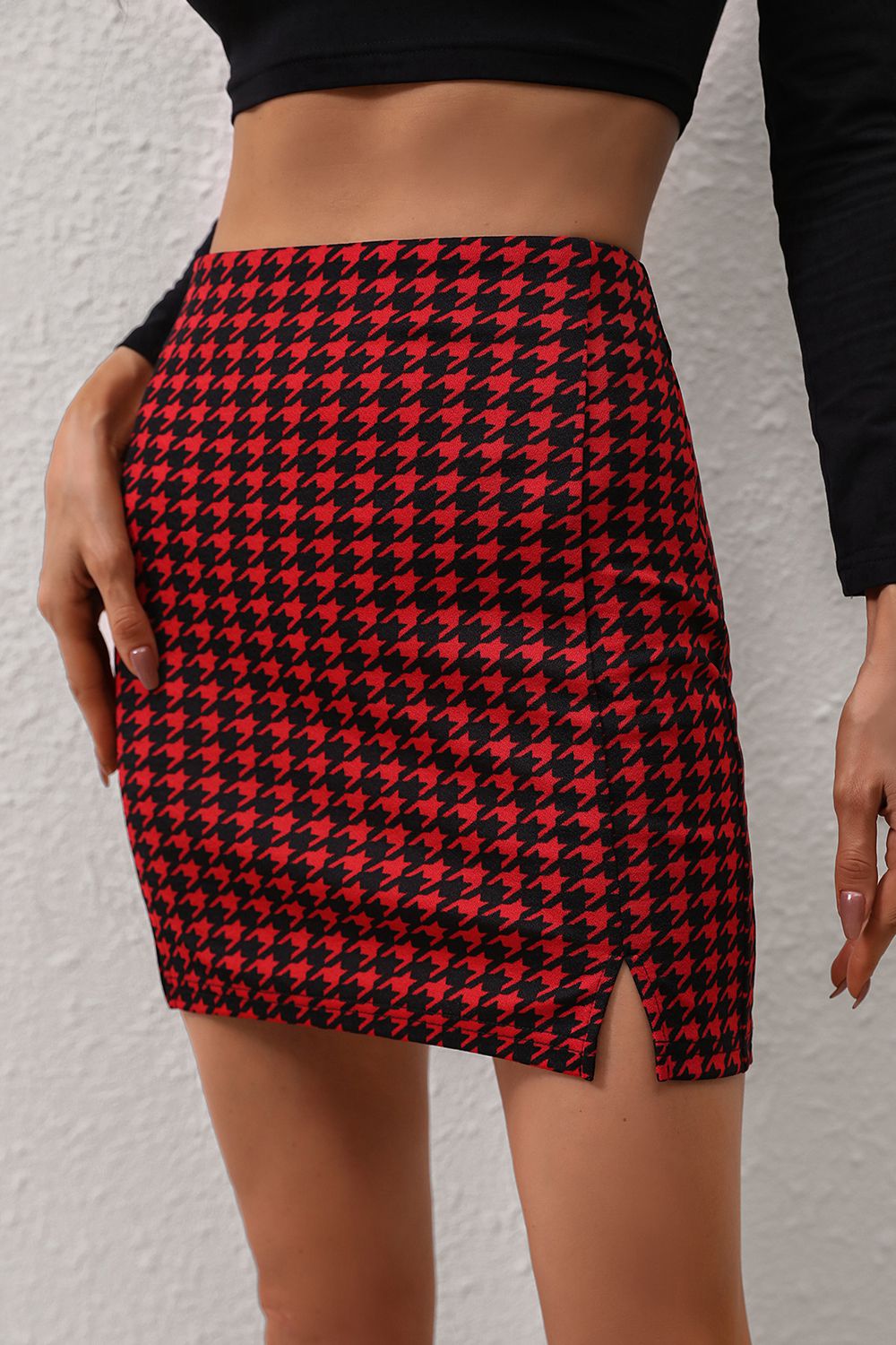 Houndstooth Slit Mini Skirt - Flyclothing LLC