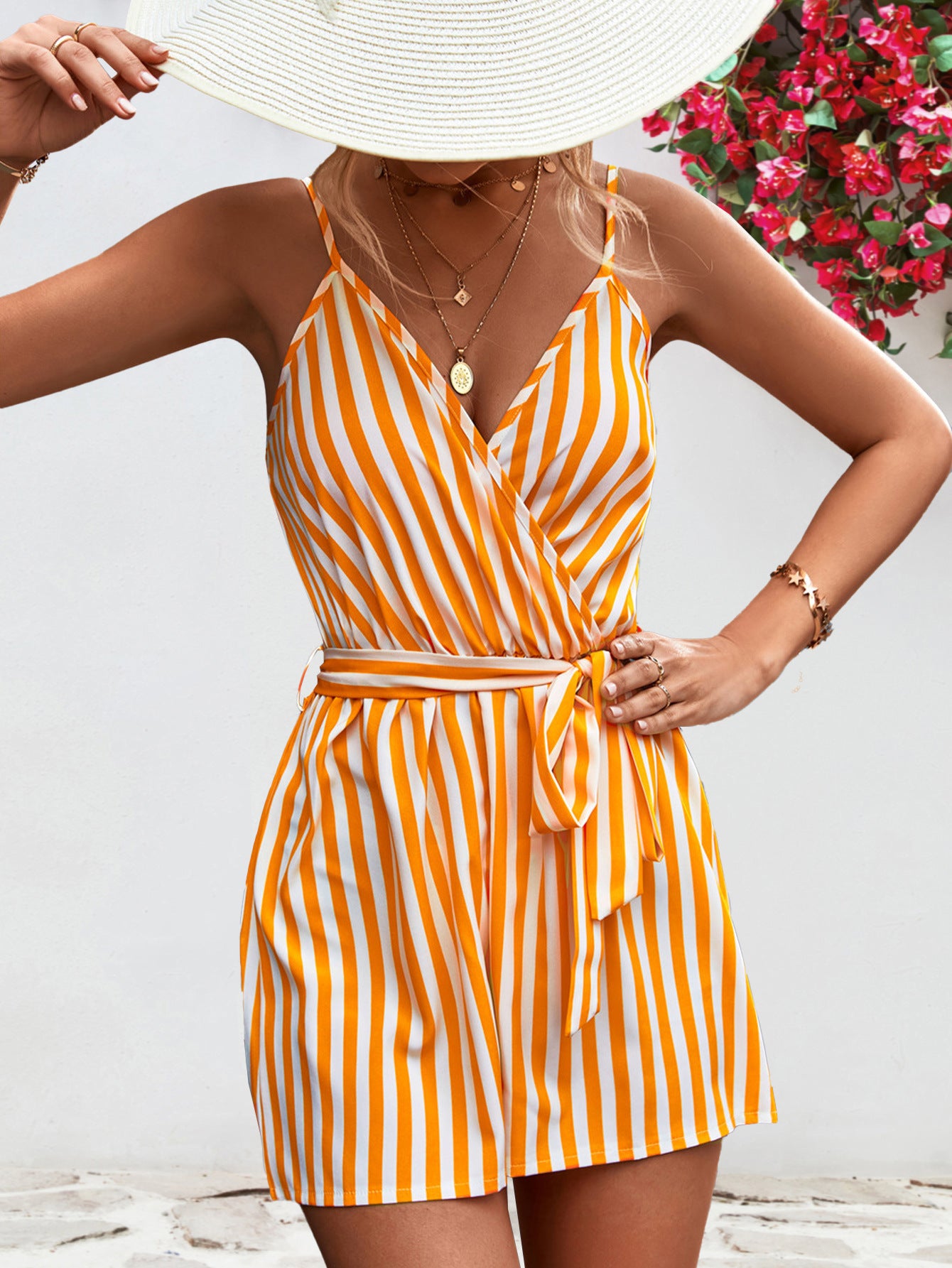 Striped Tie Waist Spaghetti Strap Romper - Flyclothing LLC