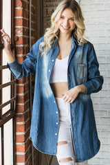 Veveret Pocketed Button Up Washed Denim Shirt - Flyclothing LLC