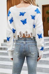 Butterfly Distressed Dropped Shoulder Sweater - Trendsi