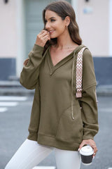 Exposed Seam V-Neck Drawstring Hoodie - Flyclothing LLC