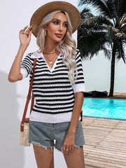 Striped Johnny Collar Half Sleeve Knit Top - Flyclothing LLC